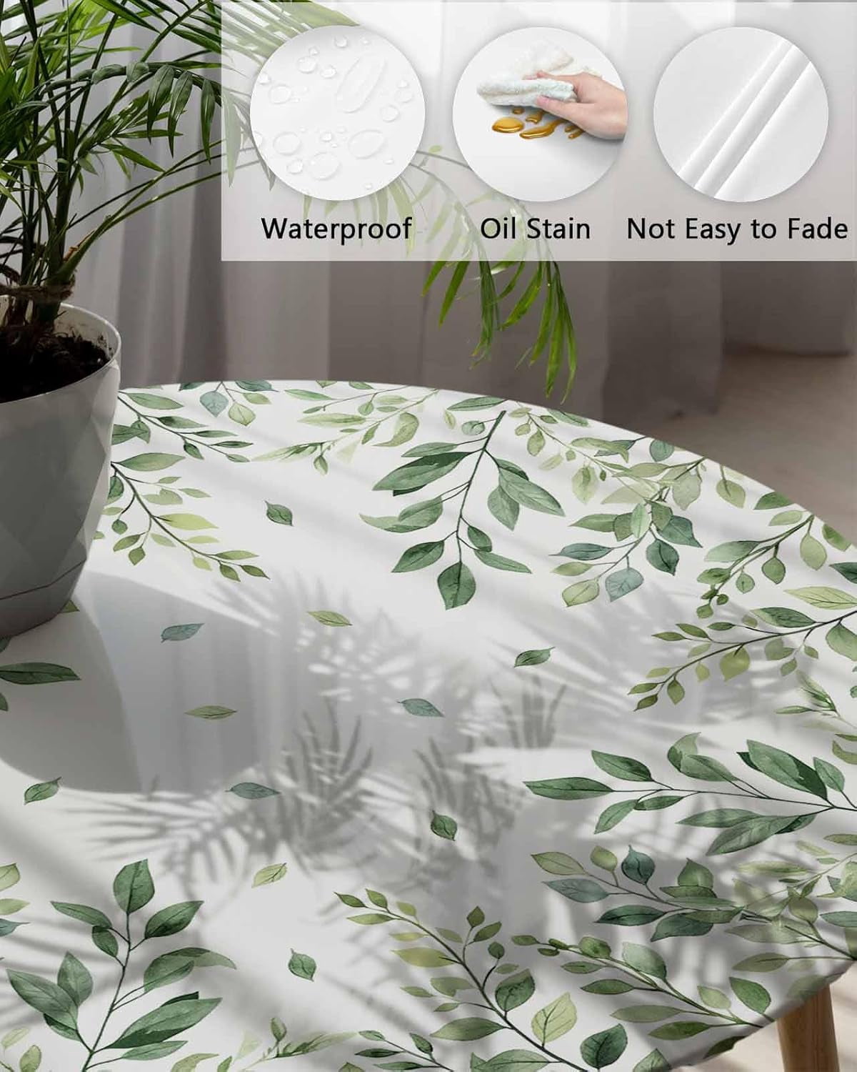 Watercolor Round Fitted Tablecloth Elastic Edged Table Cover,Spring Green Leaves Waterproof Wipeable Table Cloths for Kitchen Dining Party Fit up 45-52in Tables,Botanical Leaf on White
