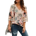 thumbnail image 3 of Franhais Women Summer  Blouse Chiffon Floral/Leopard Print Vintage V-Neck 3/4 Flared Sleeve Loose Tops, 3 of 5