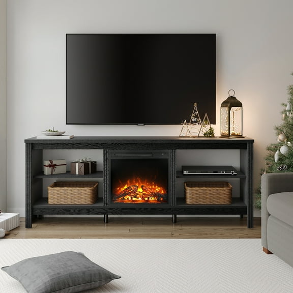 Fireplace TV Stand for TV's up to 75 Inch, Wood Entertainment Center for 80 inch TV with Electric Fireplace for Living Room Bedroom , 70 inch, Black