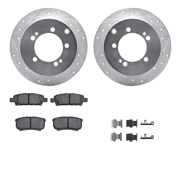 Dynamic Friction Company Rear Brake Rotors-Drilled and Slotted-Silver with 5000 Advanced Brake Pads includes Hardware 7512-72084