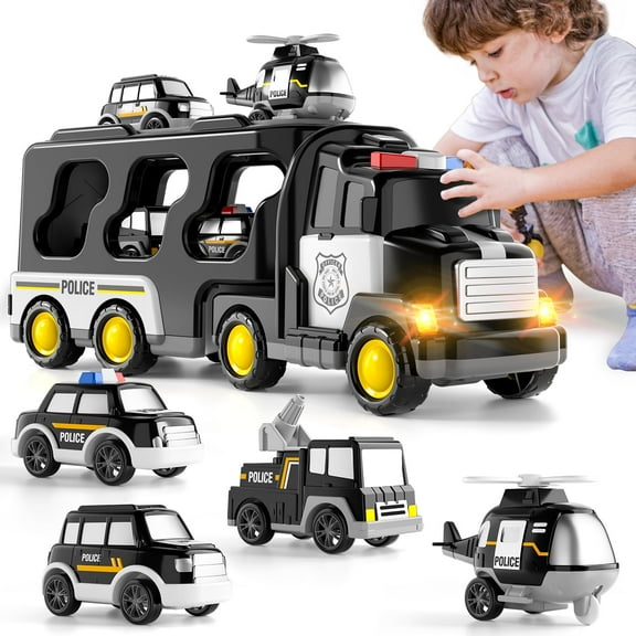 Police Truck Toy for 3 4 5 6 Years Old Boys - Carrier Vehicle Toy Set with 3 Small Cars and 1 Helicopter, Kids Firction Powered Car for Age 3-9, Gifts for Boys and Girls