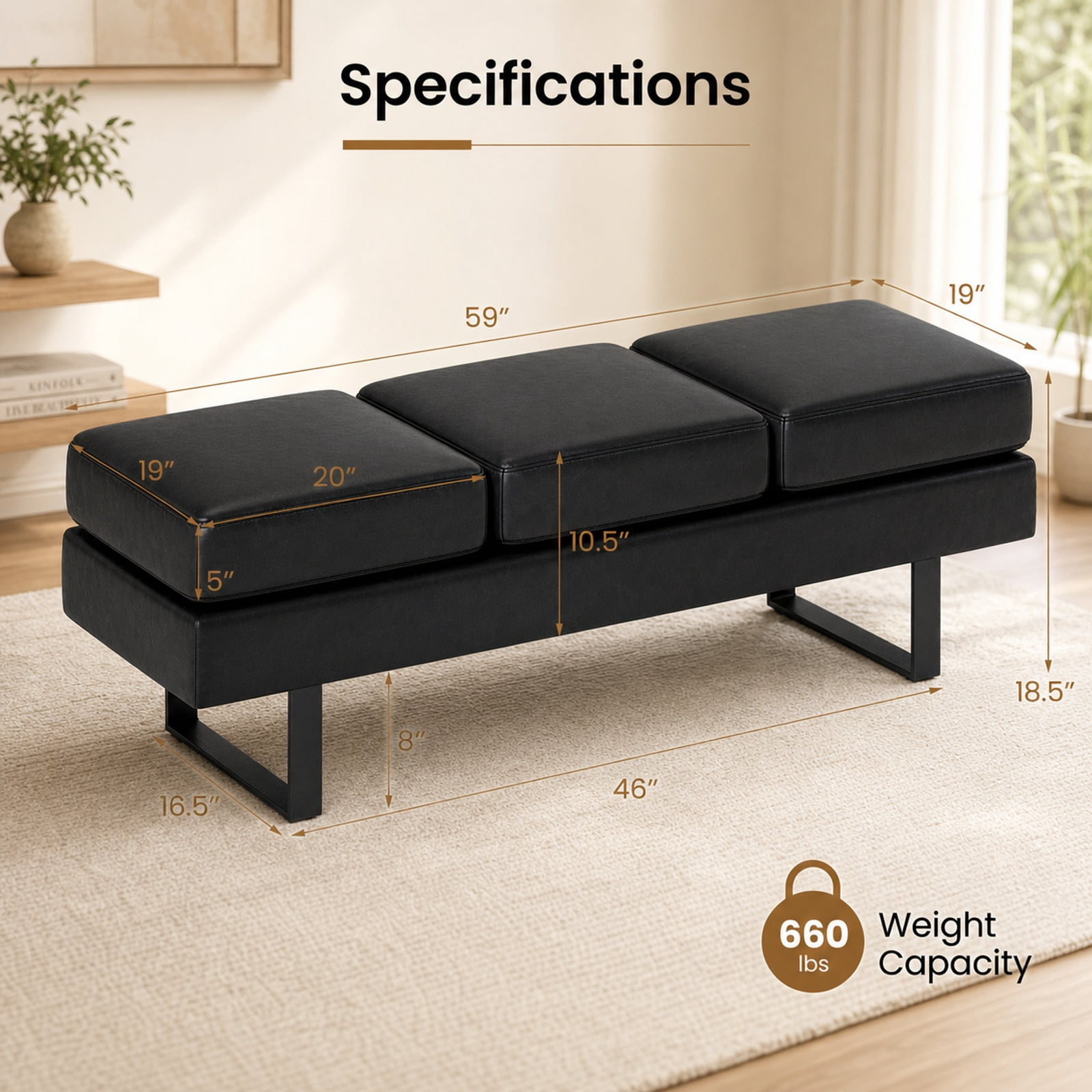 Furnibear 59 Inch Waiting Room Bench with Removable Faux Linen Cushions and Heavy Duty Metal Frame for Reception Office Lobby Long Seating, Black