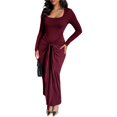 thumbnail image 1 of Vestido Ajustado para Mujer, con Mangas Largas Fruncidas, para Cóctel o Fiesta Vino Tinto L, 1 of 8
