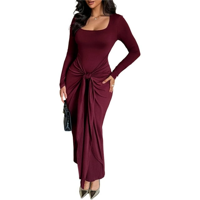 Vestido Ajustado para Mujer, con Mangas Largas Fruncidas, para Cóctel o Fiesta Vino Tinto L