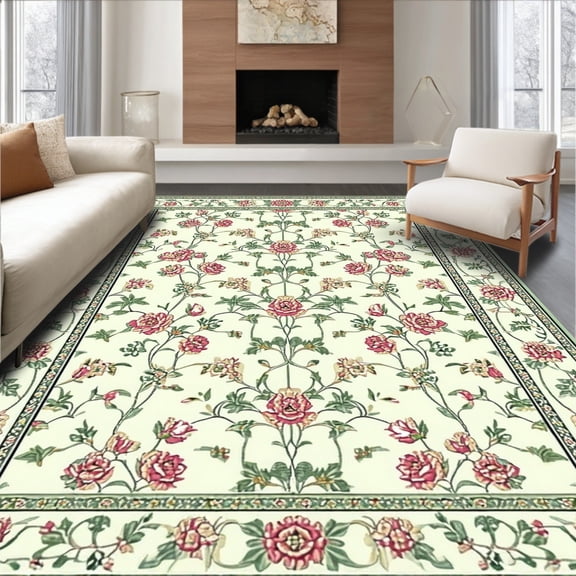 Flatwoven High Traffic Area Rug, Charming Vintage Floral Ensemble, Non Slip, Stain Resistant, Washable Area Rugs for Living Room, Bedroom(Ivory, 4X6)