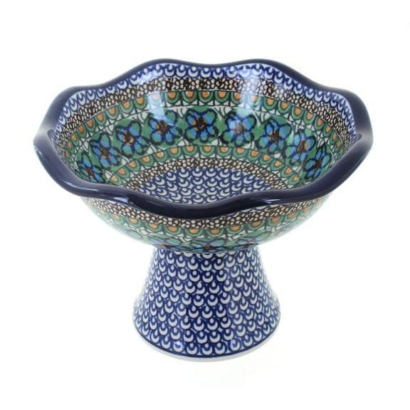 Blue Rose Polish Pottery Mardi Gras Small Pedestal Dish