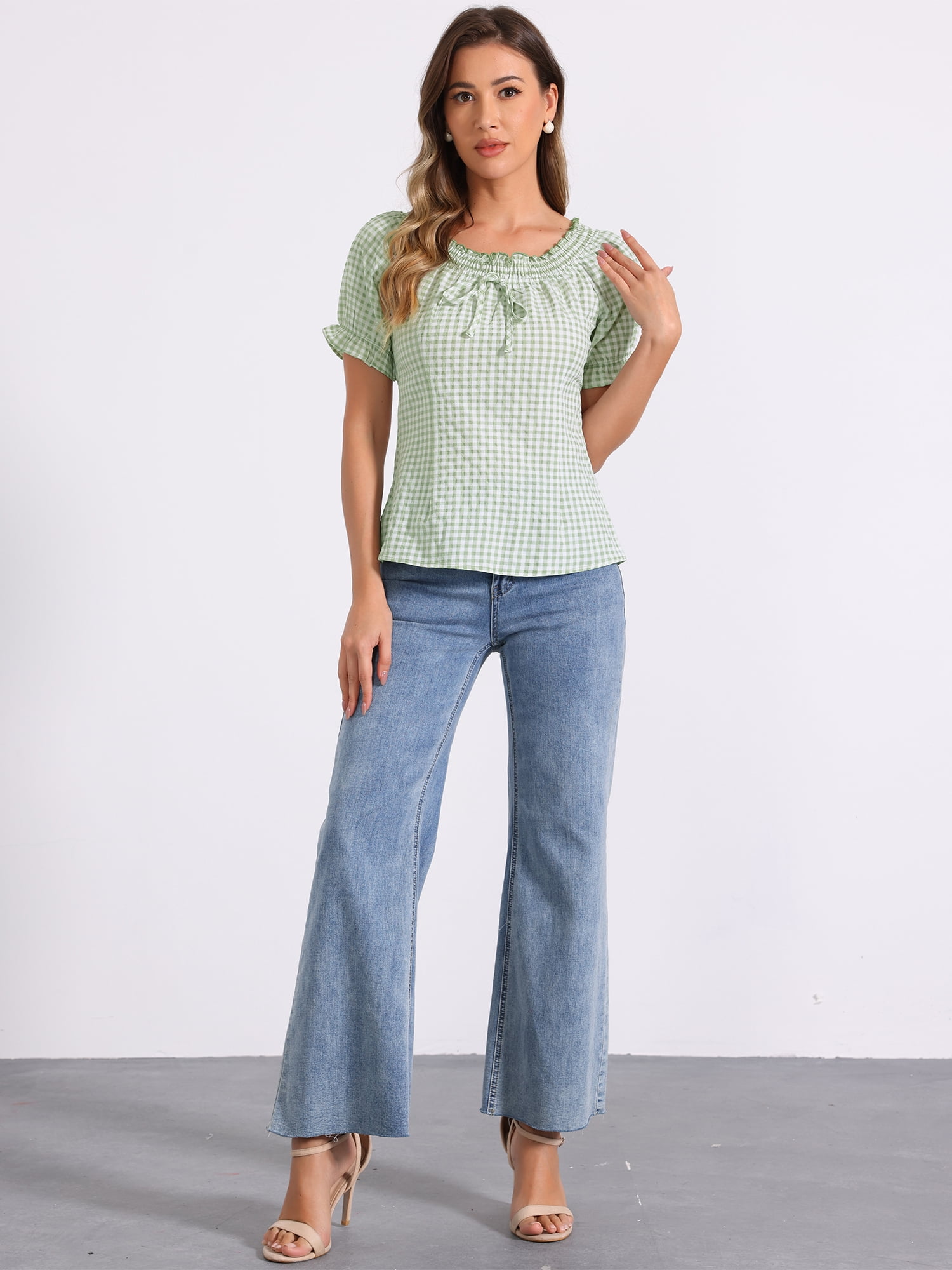 DARING DIVA Woman's Peasant Ruffles Puff Sleeve Gingham Plaid Top M Green