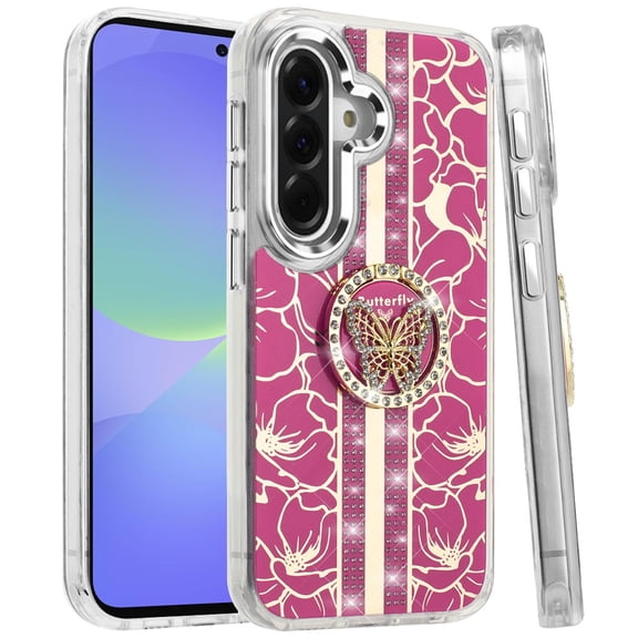 For Samsung Galaxy A37 Phone Case, Diamonds 3D Butterfly Floral Design Bling Sparkly Glitter Hybrid Metal Fashion with Ring Stand Cover for Samsung A37 - Hotpink