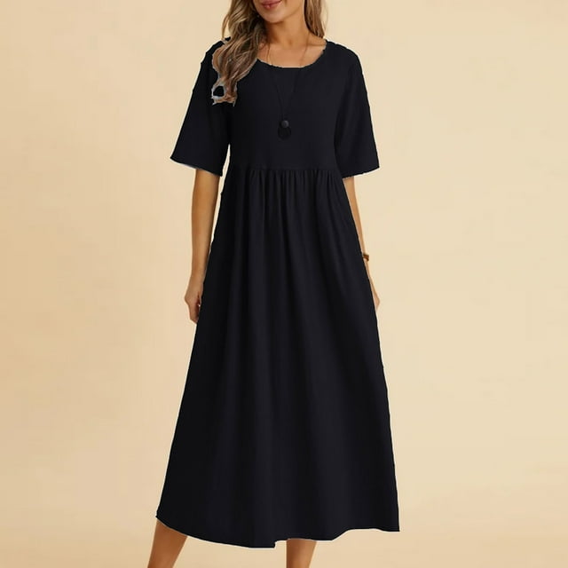 Meichang Coton Lin Été Midi Dresses pour Femmes 2024 Tunique de Vacances Dresses Col Rond Uni Manches Courtes Dresses Décontracté Évasé Travail Dresses Noir TG