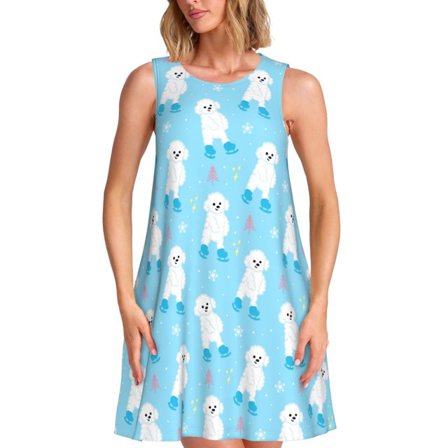 Easygdp Skating Poodle Fun para Vestido Transpirable de Mujer, Vestido Suelto de Manga Corta con Pliegues y Bolsillos para el Verano