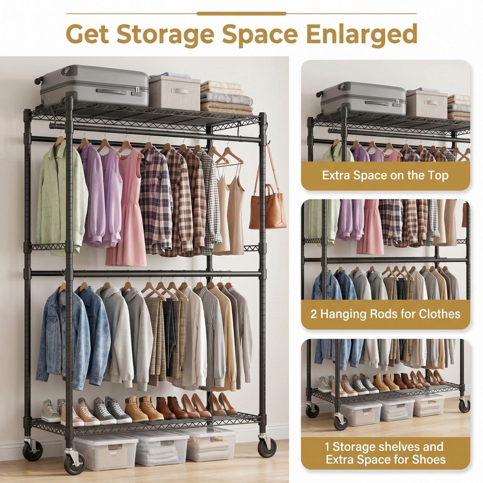 Sailvan Heavy Duty Rolling Clothing Rack, 580LBS Capacity Garment Rack with 4 Hanging Rods & 2 Shelves, Portable Closet, 45"W x 80"H,Black