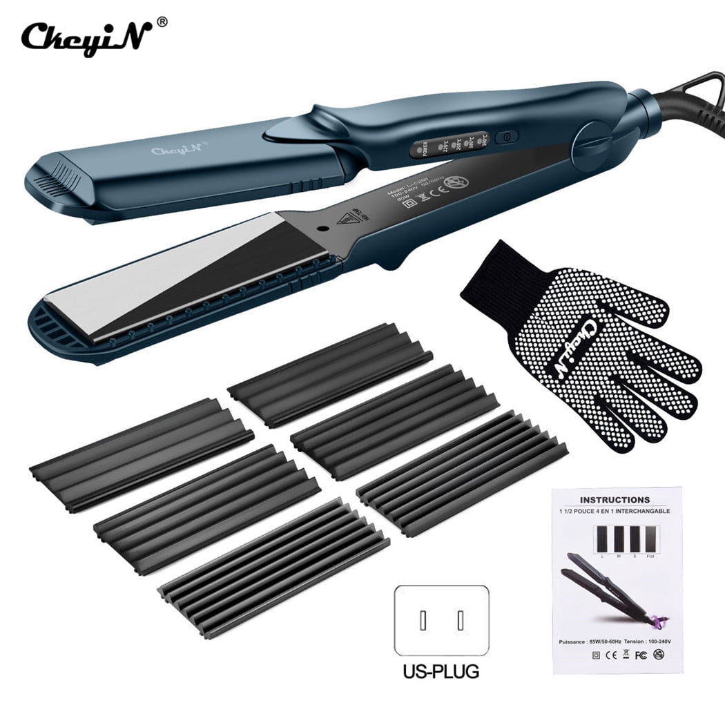 CkeyiN Hair Straightener, 4-Level Temperature Corn Hot Hair Curler Replacement Board Corn Perm Hair Straightener, 4-in-1 Interchangeable Plates Crimping Iron Crimper Emerald Green