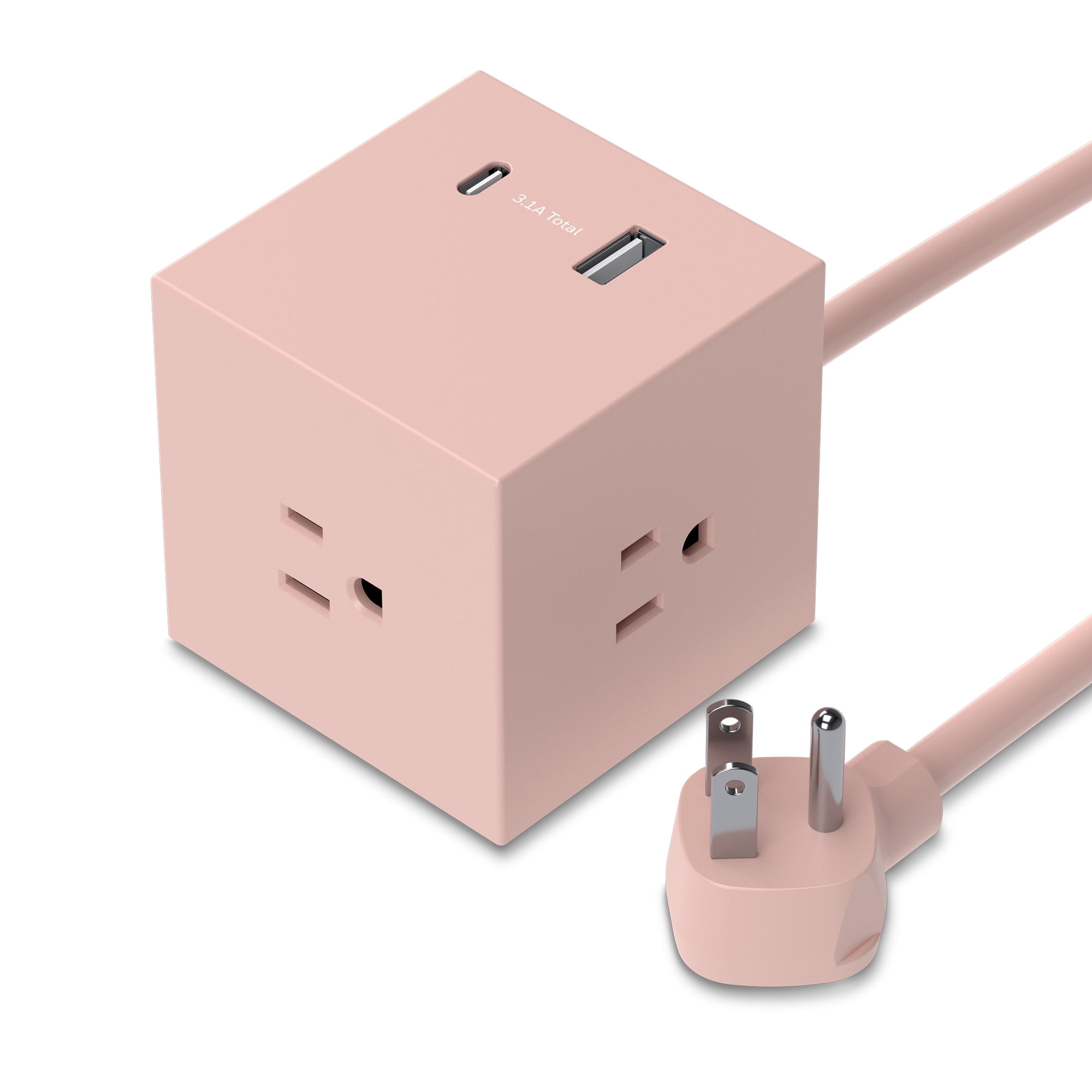 Honeywell Power Cube, 3 Outlets + USB-C & USB-A, 4 ft Cord, Flat Plug, Pink