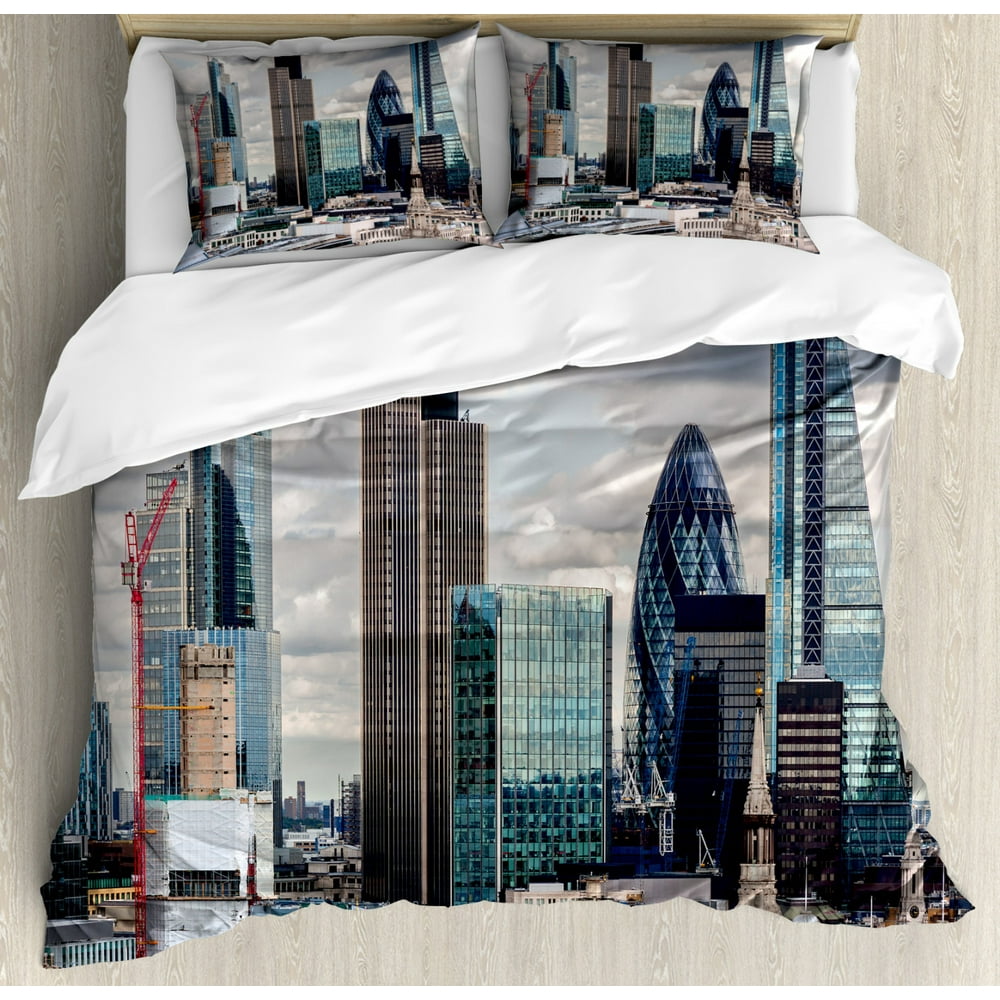 Urban Duvet Cover Set, London England Skyline Buildings and Skyscrapers