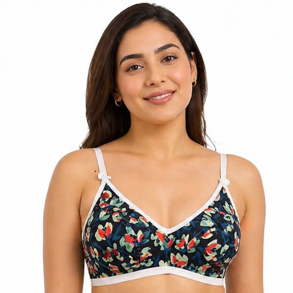 Women’s Floral Printed Cotton Bra Size 32, Non Padded Wirefree Full Coverage Everyday Comfort Bra with Adjustable Straps