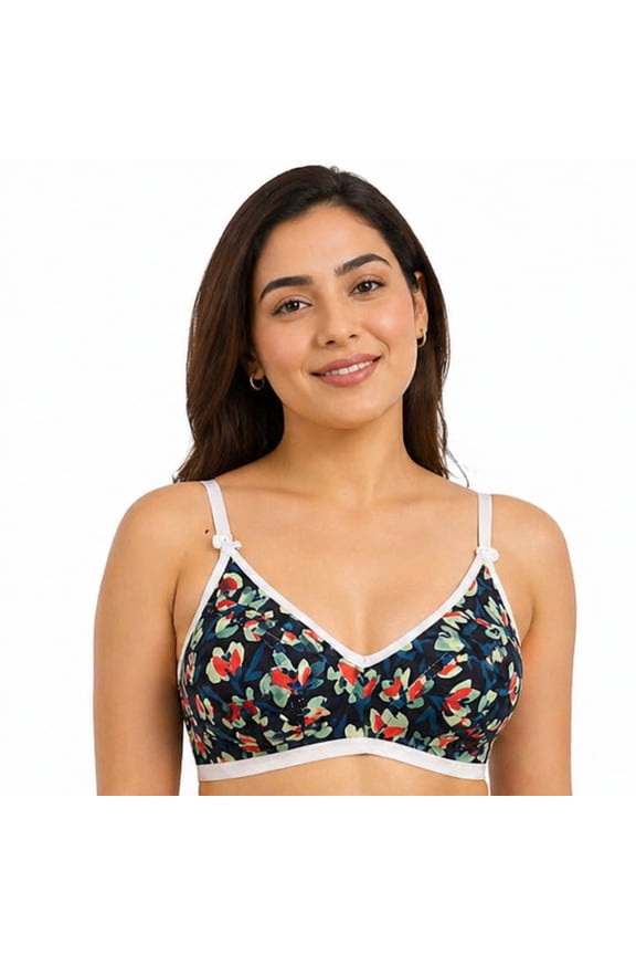 Womens Floral Printed Cotton Bra Size 32, Non Padded Wirefree Full Coverage Everyday Comfort Bra with Adjustable Straps