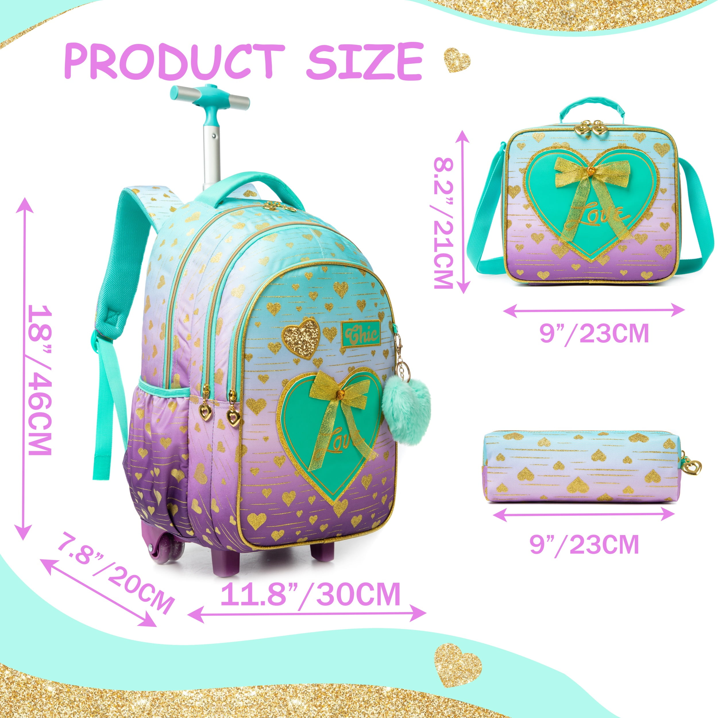 Kids Rolling Backpacks for Girls with Wheels Roller Bookbag with Lunch Box Pencil Case for Elementary Student Age 8-10 Green