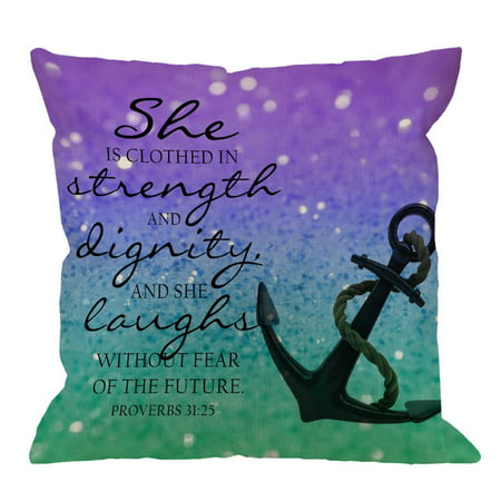 Fabricmcc Anchor Quotes Pillow Covers - Christian Quotes Glitter Anchor Bible Verse Proverbs She is Clothed in Strength and Dignity Cotton Linen Square Pillow Case for Men/Women/18x18 inch Purple (Dignity The Best Of Deacon Blue)