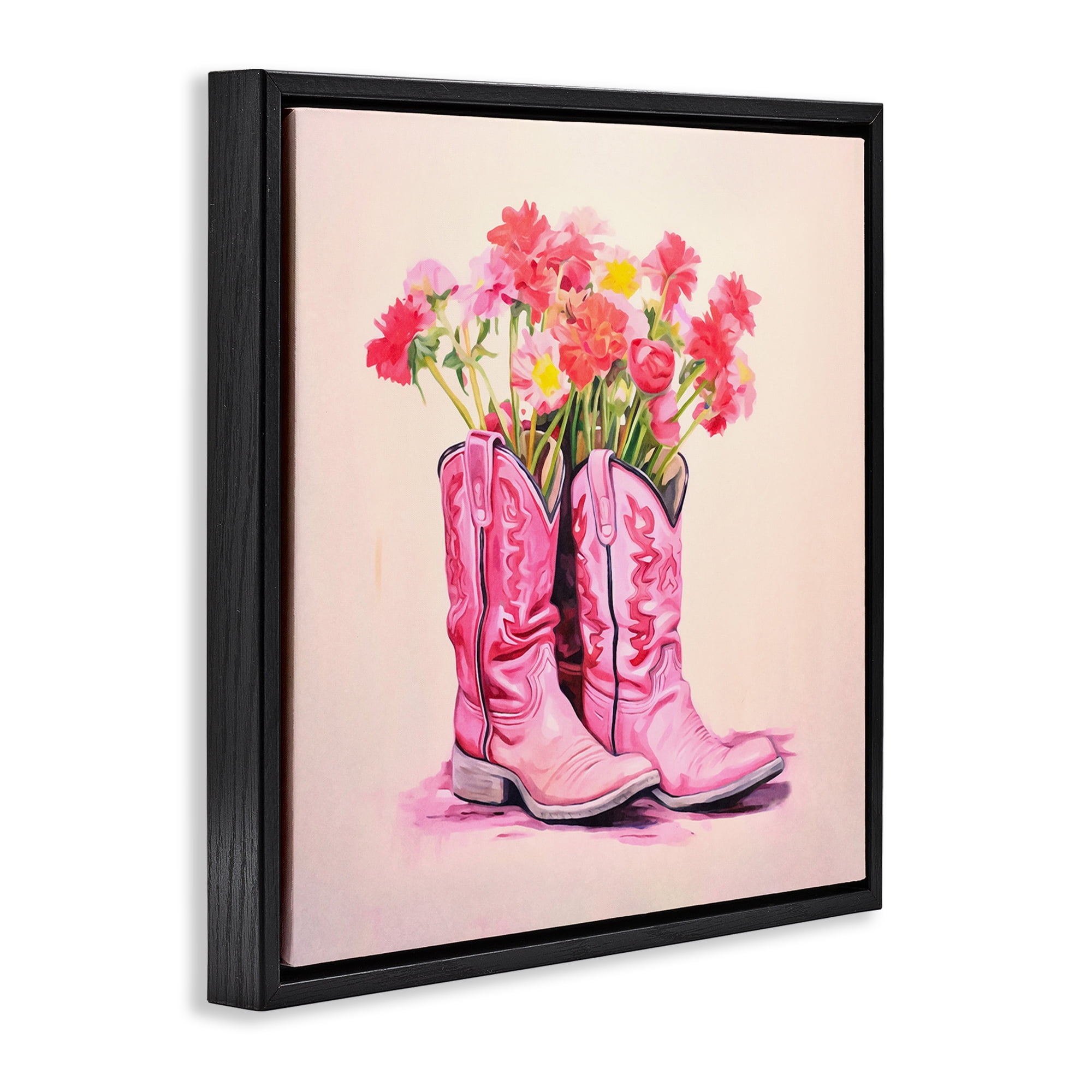 Stupell Industries Pink Blossom Boots Botanical & Floral Painting Black Floater Framed Canvas Art Print Wall Art, 25 x 25