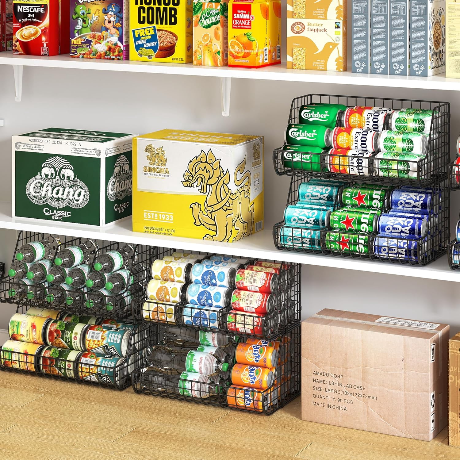 X-COSRACK 2-Pack Stackable Can Organizer for Pantry, Foldable Metal Wire Soda Dispenser with Adjustable Dividers, Black