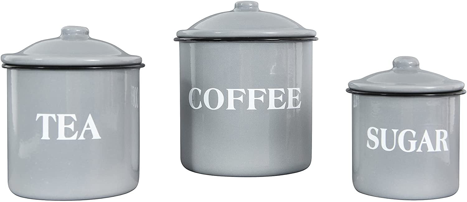 Set of 3 Tea Coffee Sugar Canisters Kitchen Storage Pots Jars Metal Jar Grey 