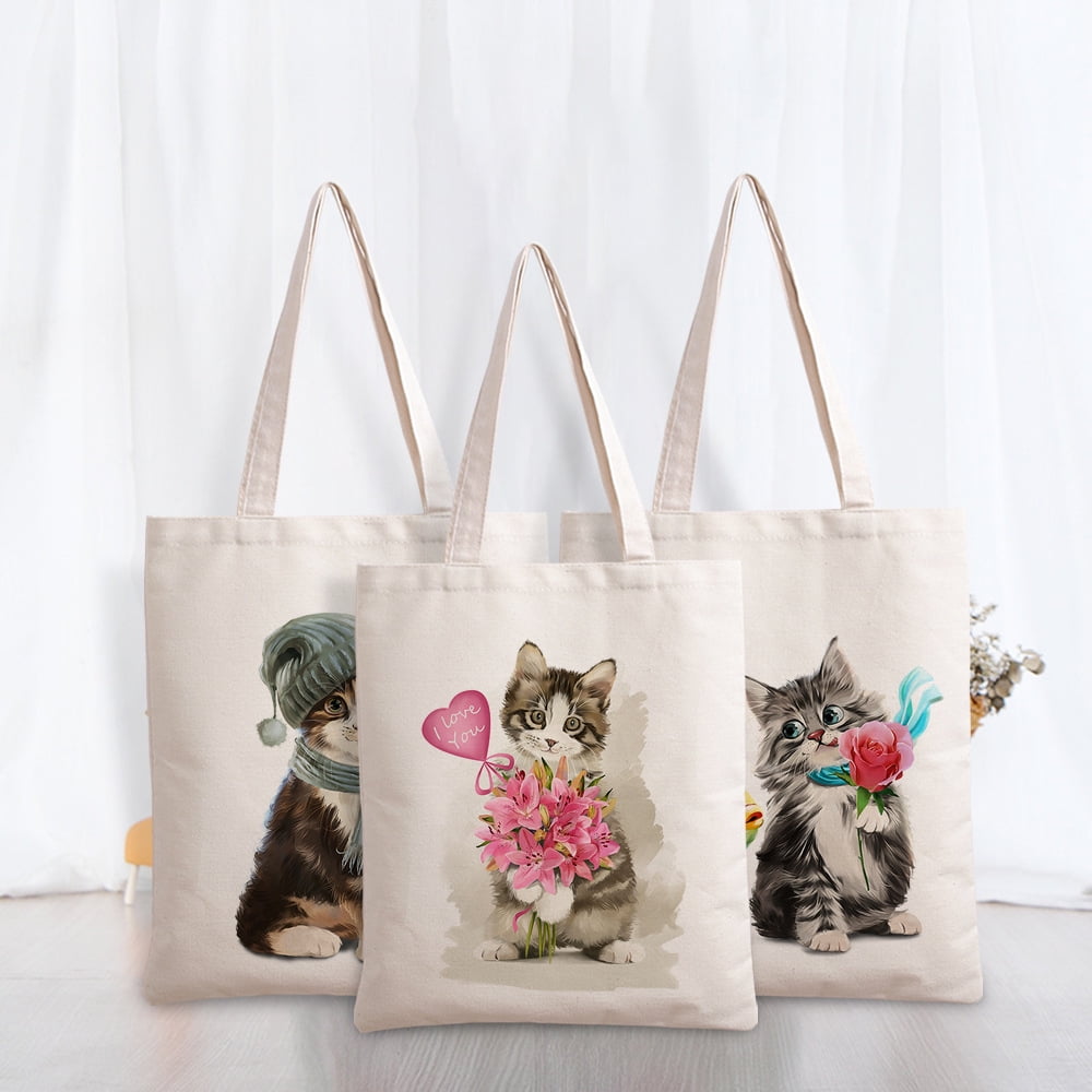 Cartoon Cat Pattern Canvas Tote Bag Handles for Women Cute Aesthetic Beach Tote  Bag Reusable Tote Bag For Shopping Cute Pattern Gift Bag 