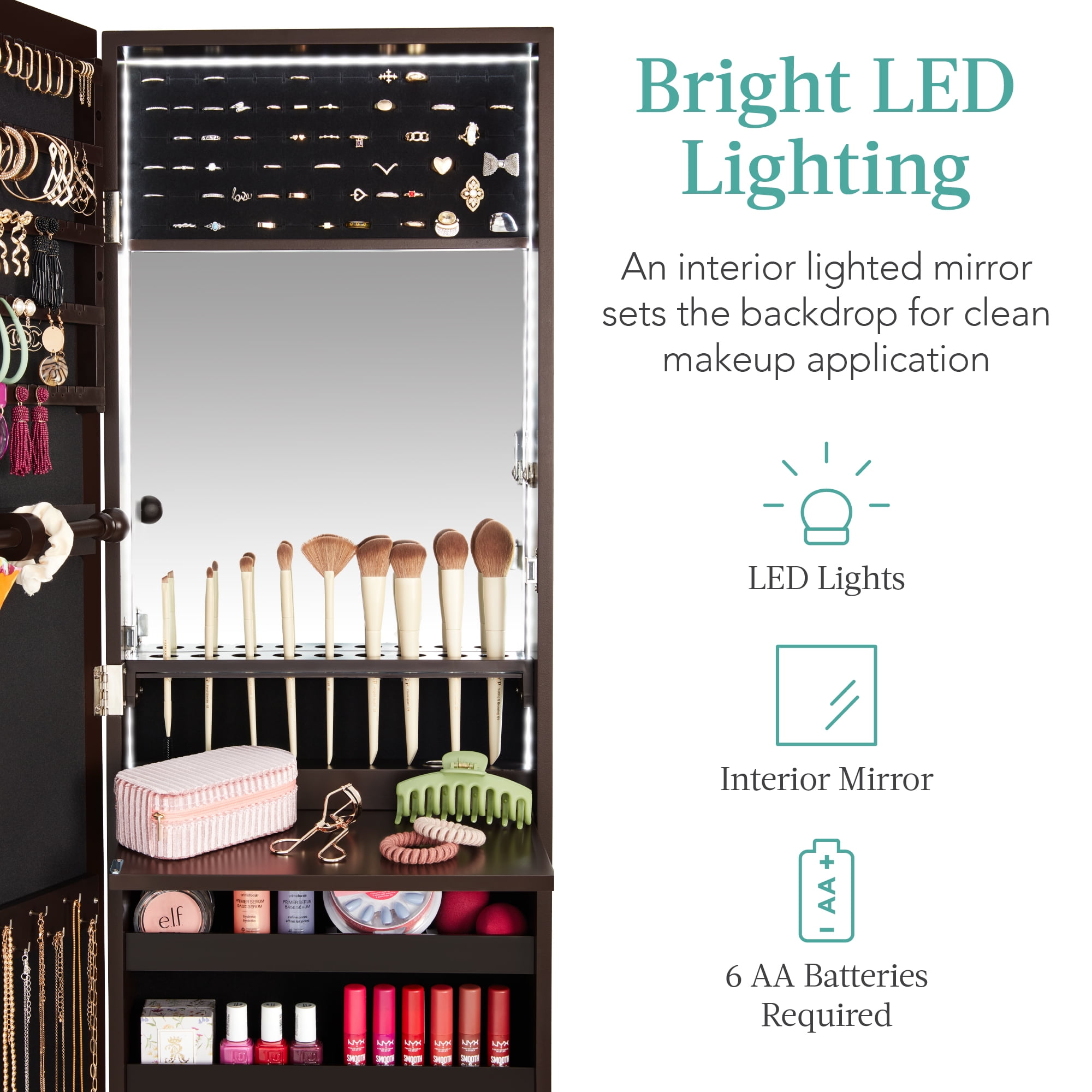 Best Choice Products Hanging Mirror Jewelry Armoire, Door or Wall Mounted Cabinet w/ LED Lights, Lock - Espresso