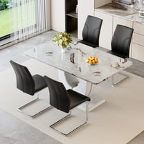 NYEESS 63" White Faux Marble Rectangular Dining Table Set with 4 PU Chairs, Modern Style for Kitchen or Dining Room