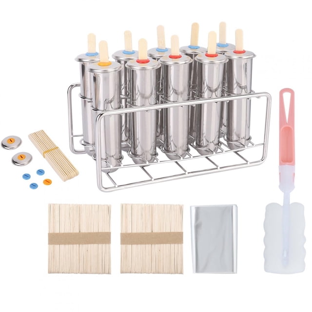 Kit de Moule à Sucettes Glacées, Moule à Popsicle en Acier Inoxydable Réutilisable DIY Frozen Ice Cream Pop Moules avec Bâtons Popsicle Sacs Base Outil de Nettoyage Rond