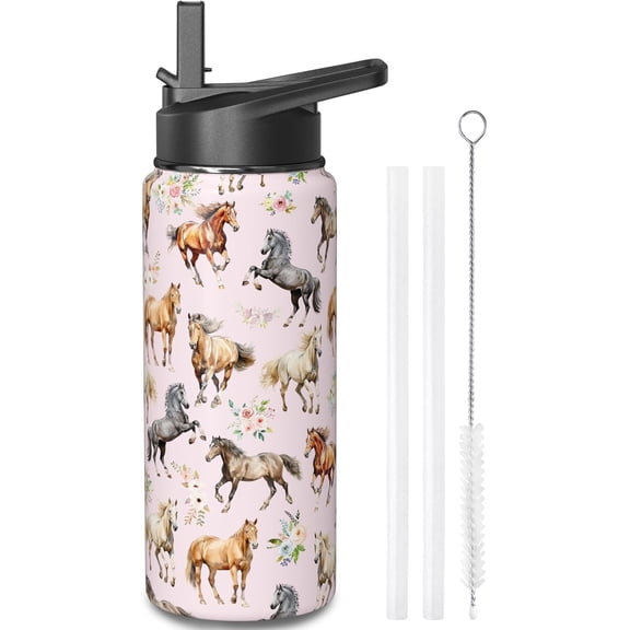 Horse Water Bottles with Straw, 18 Oz Insulated Stainless Steel Tumbler Cup Mug Gifts for Women Girls Horse Lovers
