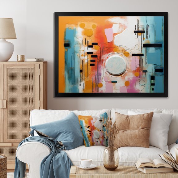 Designart "Play Forms Colorful Orange and Blue Delight II" Abstract Framed Wall Art Decor - Modern Orange Abstract Geometric Entryway Framed Wall Art Print