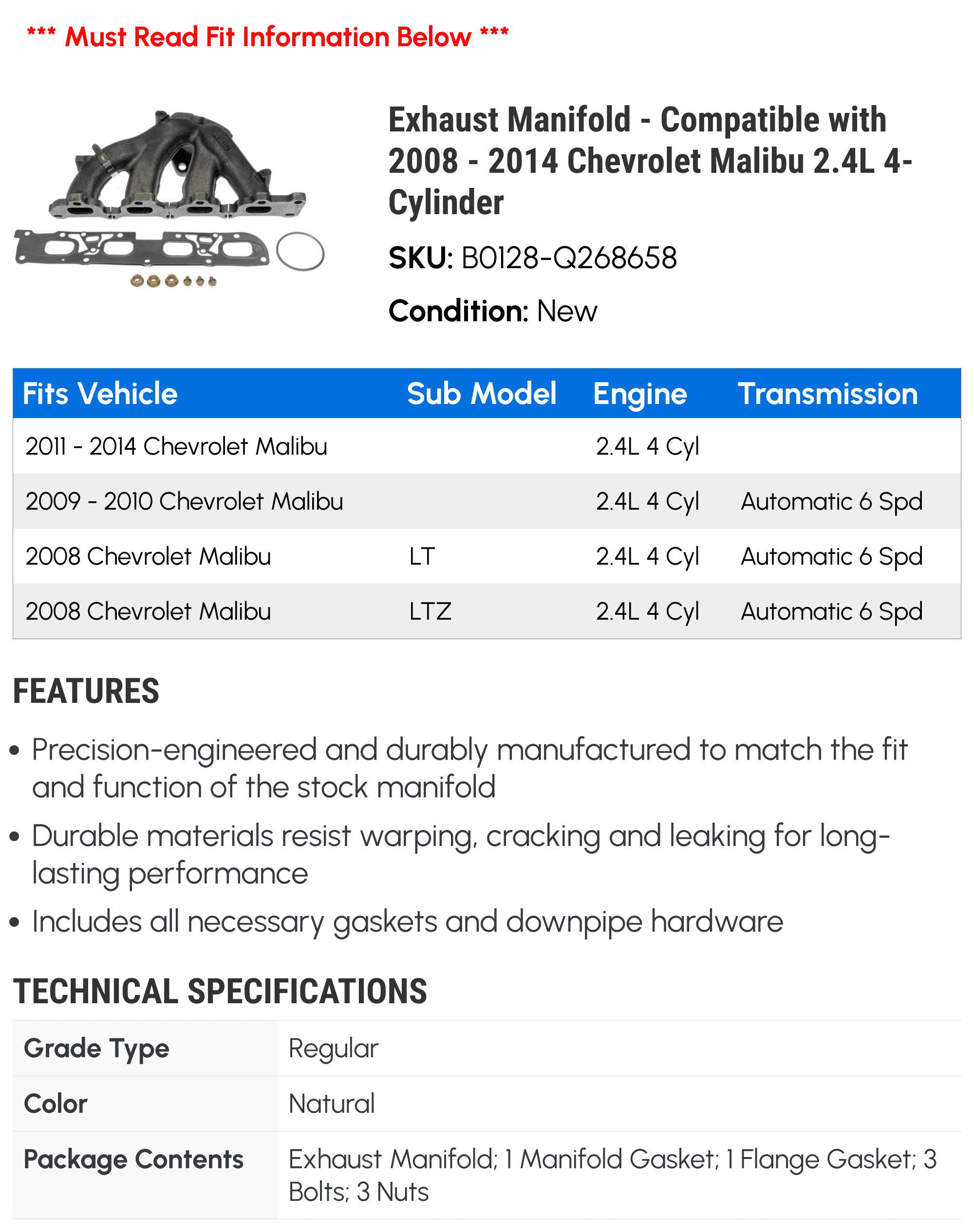 Exhaust Manifold - Compatible with 2008 - 2014 Chevrolet Malibu 2.4L 4-Cylinder - Dorman