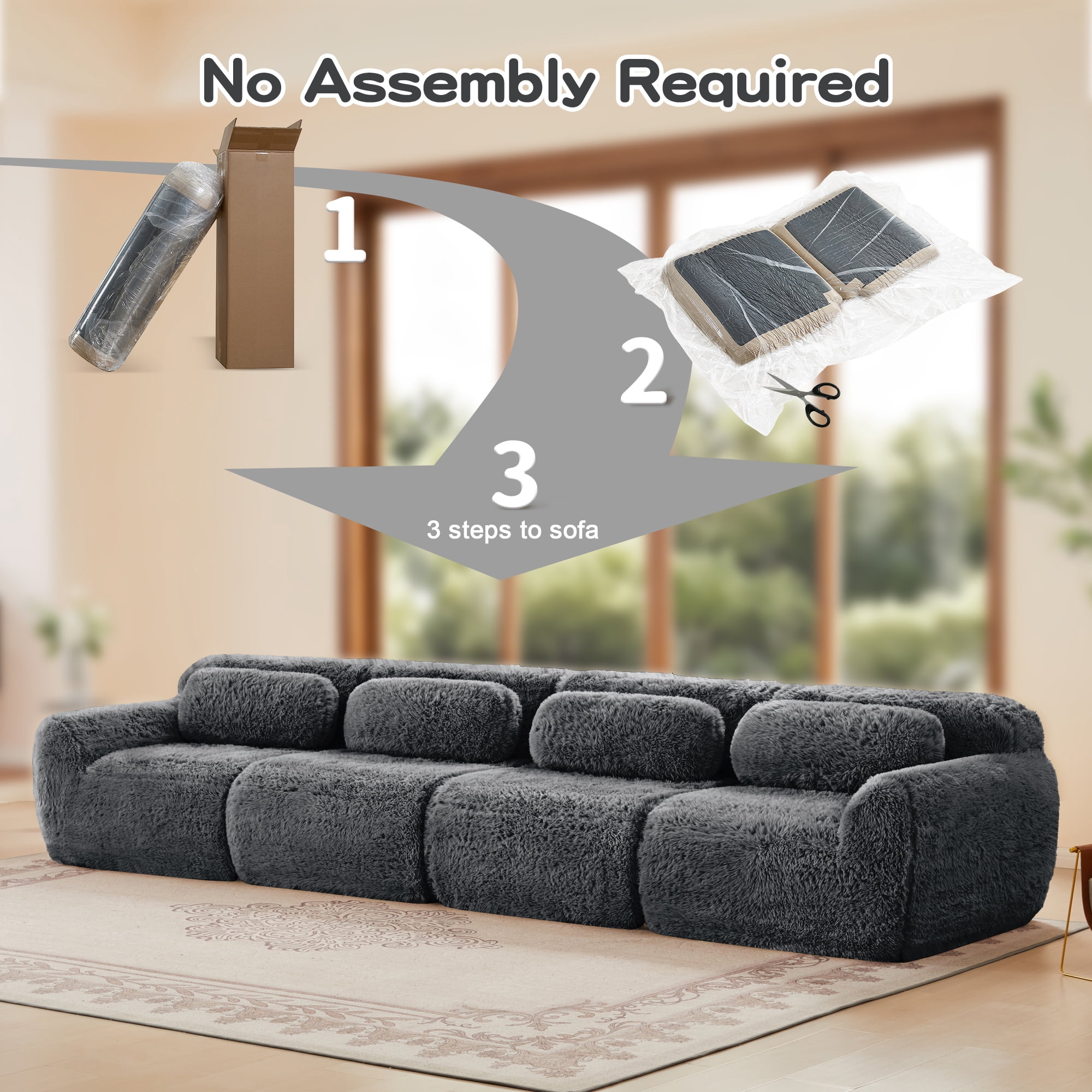 MAYEERTY 149" Plush Boneless Sofa, Gray 32D Foam Ergonomic Vacuum Compression Buckle Connection Free Combination Couch for Bedroom Study