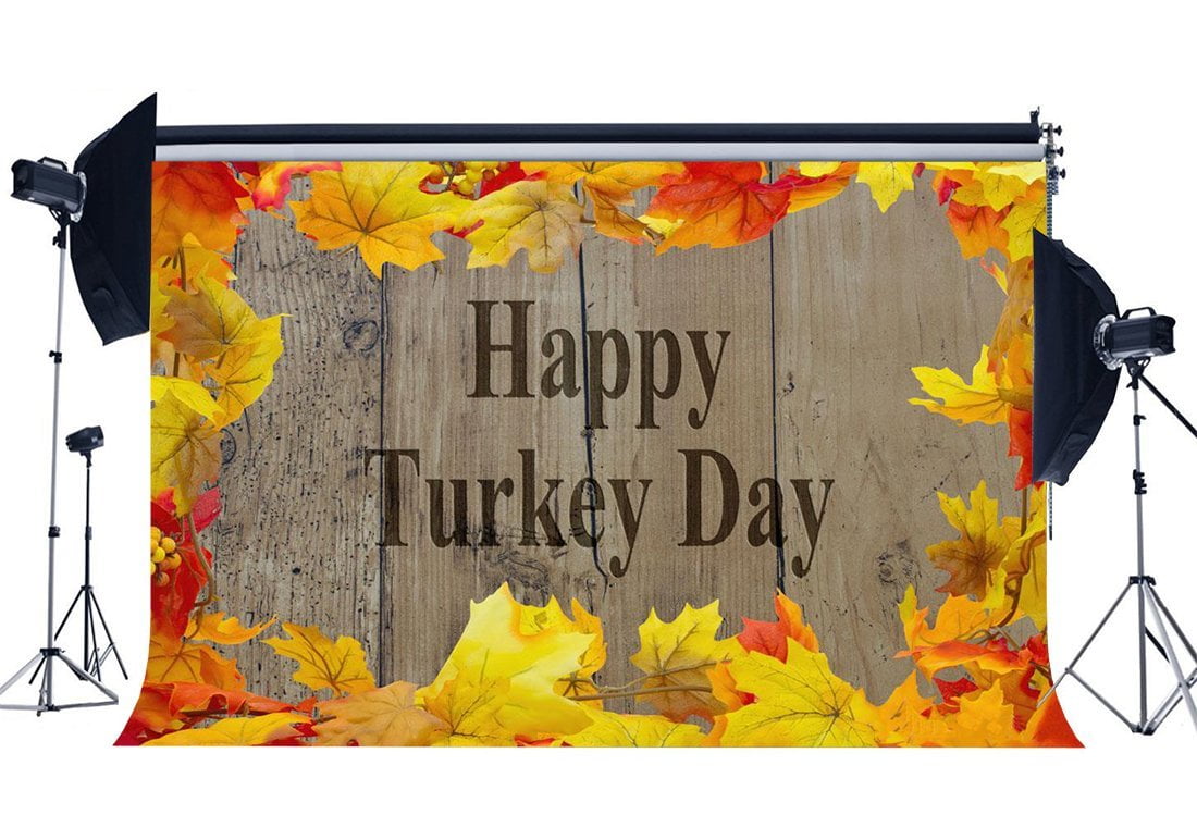 GreenDecor Polyster 7x5ft Photography Backdrop Happy Turkey Day Golden Leaves Vintage Rustic