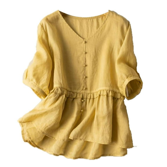 GigrtiJin Women's 3/4 Sleeve Tops Cotton Linen Blouses Dressy Casual V Neck Shirts Summer Fashion Loose Cute T Shirt