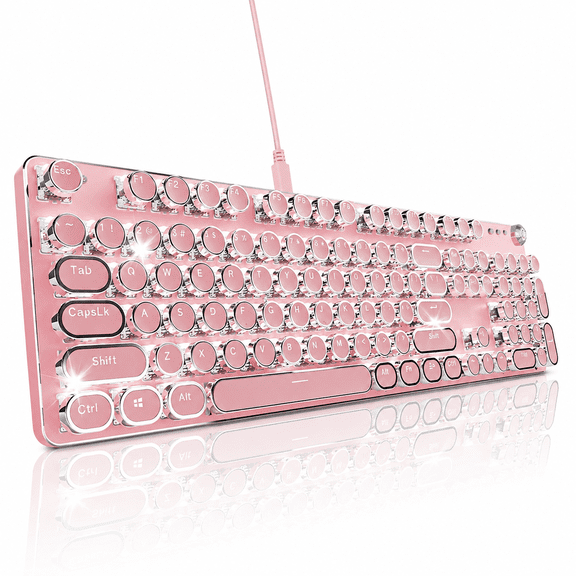 Pink Retro Typewriter Mechanical Keyboard, 104 Keys Round Keycaps with RGB Backlight & Volume Knob, USB Wired Blue Switch Keyboard for Office Gaming Desktop Laptop
