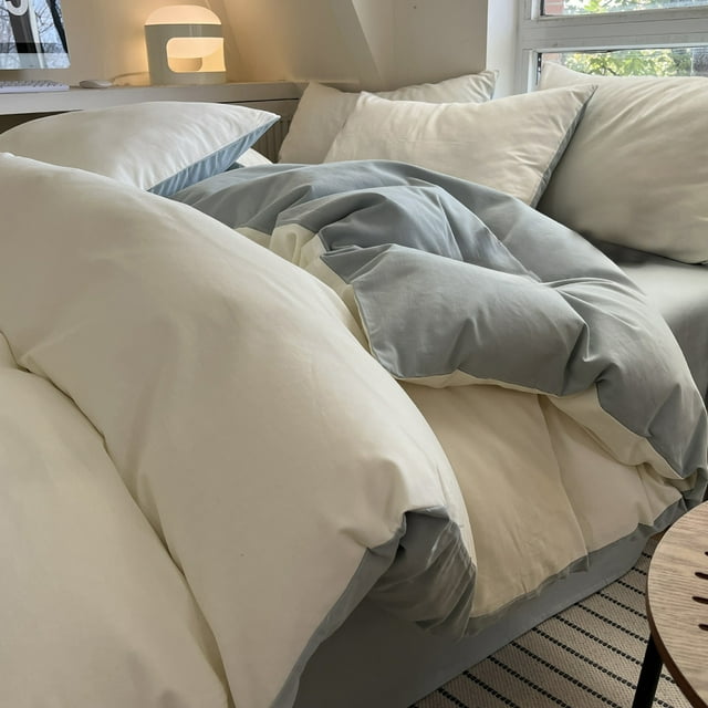 Uklsqma Ensemble de Literie Quatre Pièces pour Dortoir d'Étudiant / Housse de Couette en Polyester Lavé Doux Drap Taies d'Oreiller / Design Réversible Multicolore / Respirant Durable Entretien Facile