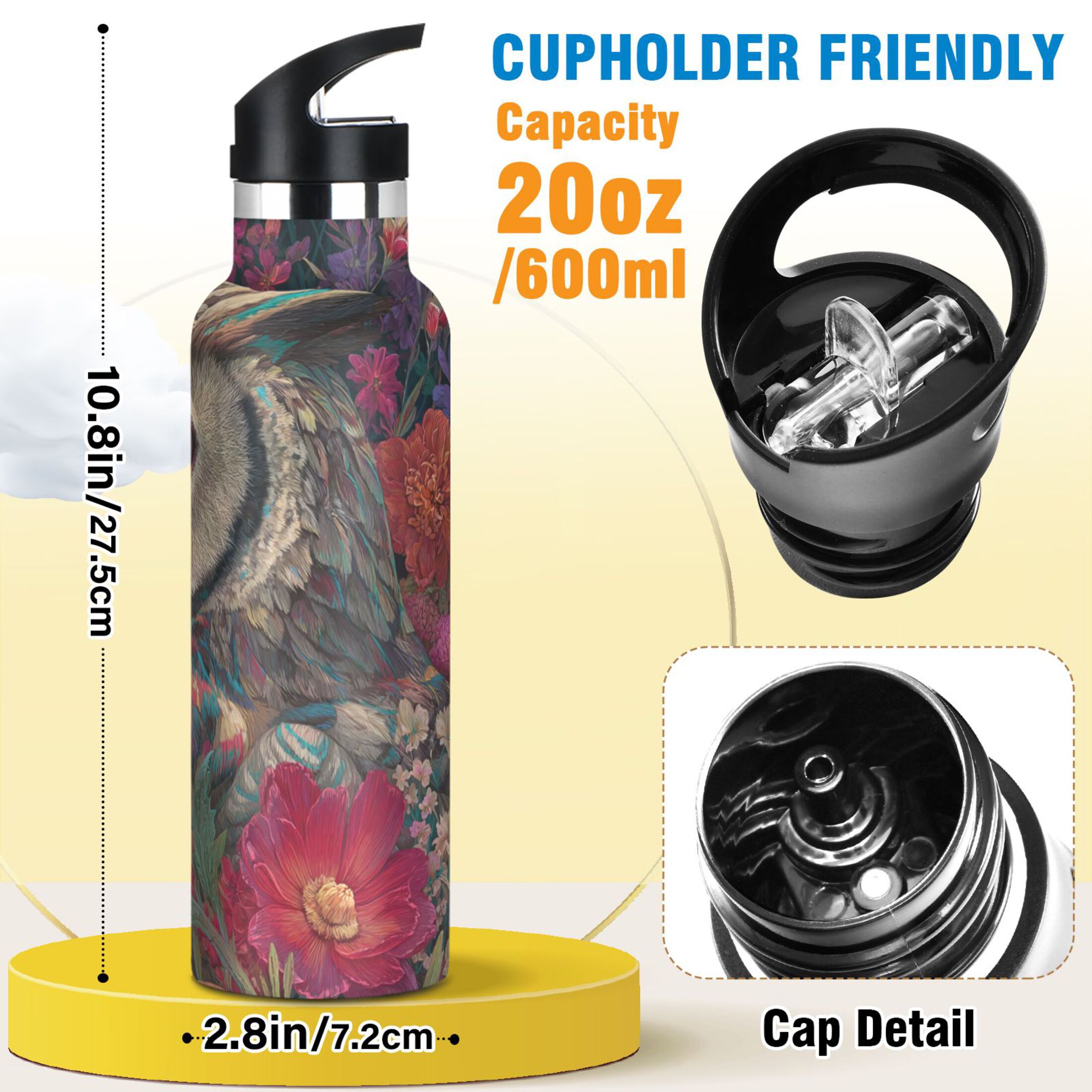 Kids Insulated Stainless Steel Sports Water Bottle 600ml (20oz) Portrait Of An Owl
