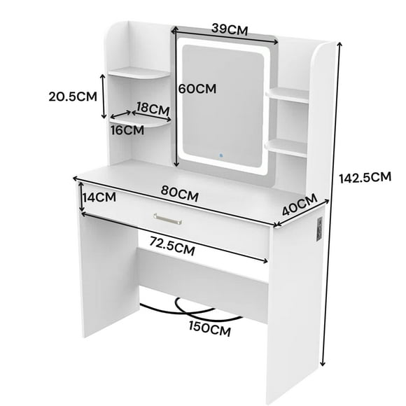Tocador de Maquillaje, Espejo y Luces de Brillo Ajustable, Tocador con 1 cajón de Almacenamiento 6 y estantes Abiertos, Muebles de Maquillaje Modernos para Vestidor de Dormitorio (Blanco)