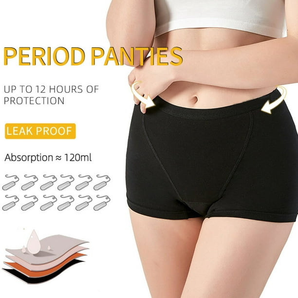 3 Pieces 4 Layers Women Menstrual Period Underwear Layers Women Menstrual  Ladies Leakproof Cotton Undies Breathable Skin-friendly Lingerie Black S