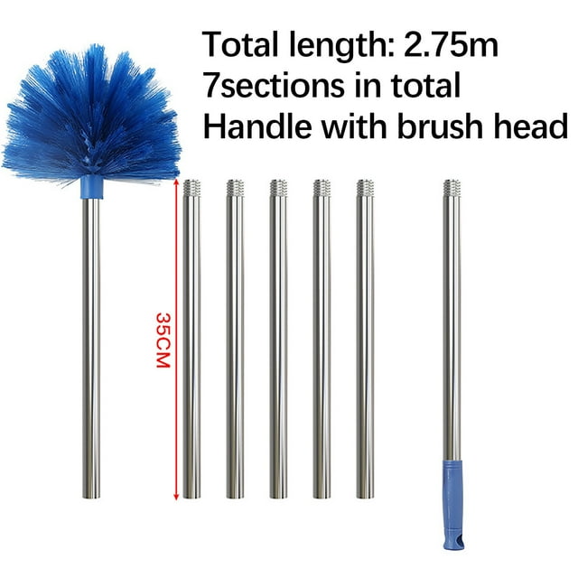 Duster With Extension Pole, Medium Stiff Bristles, 6-Feet Stainless Steel Pole, Ceiling Fan Duster, PET Material Head, Adjustable Length 2.6-6FT, For Outdoor Indoor Cleaning, Easy To Use