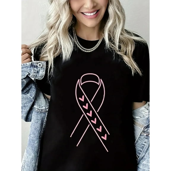 Pink Ribbon Print Breast Cancer Short Sleeve Shirt for Women