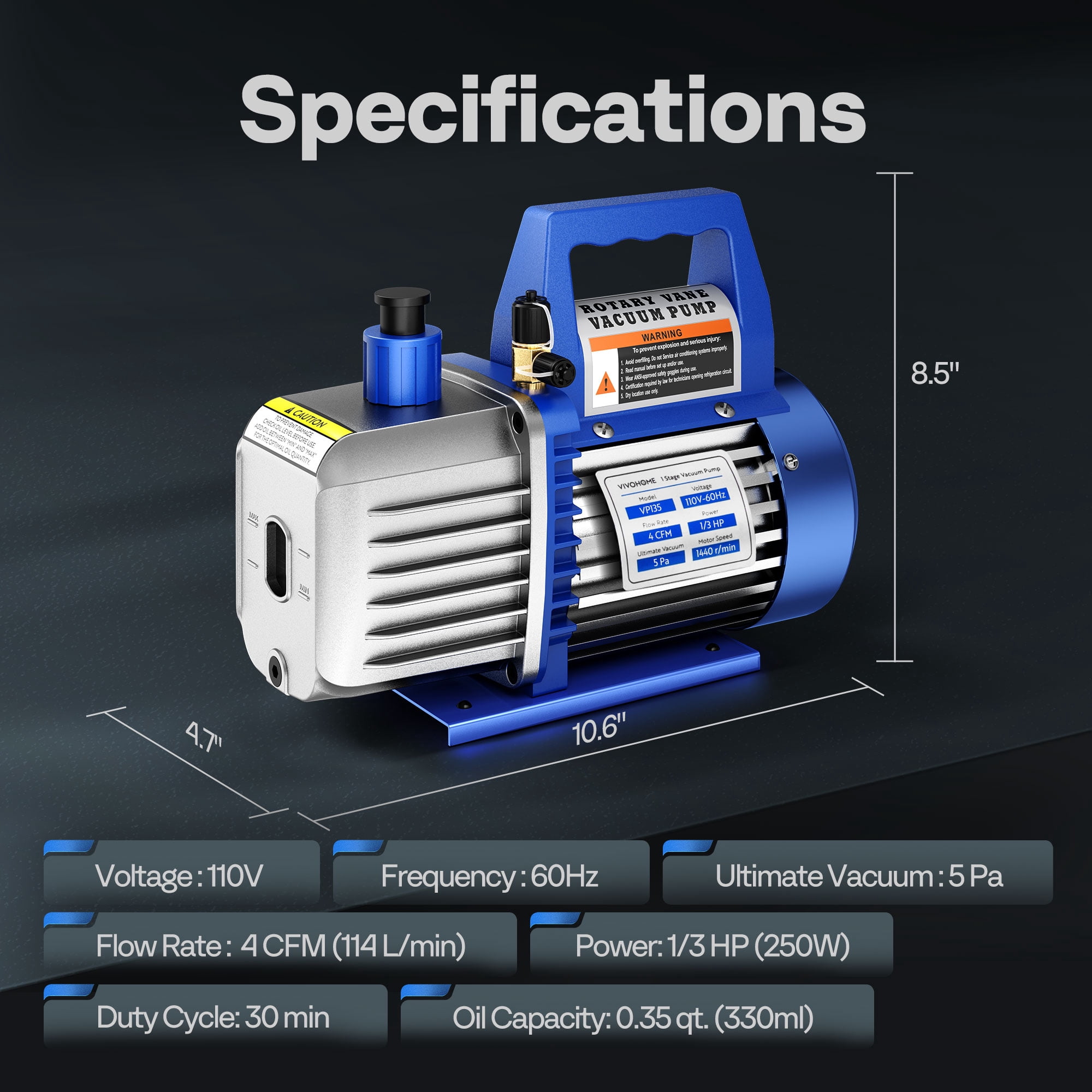 SPECSTAR 110V 1/3 HP 4CFM Single Stage Vacuum Pump and R134a AC Manifold Gauge Set Kit with Leak Detector Carry Bag for HVAC Air Conditioning Refrigeration Recharging ETL Listed