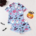 thumbnail image 2 of CUZIBR Baby Girls Halloween Pajamas Short Sleeve Bow Print Button Down Shirt And Shorts 2 PC Sleepwear Ghost Pumpkin Spider Graphic Lapel Smooth Loungewear Casual Daily Homewear,Light Blue,7-8 Years, 2 of 9
