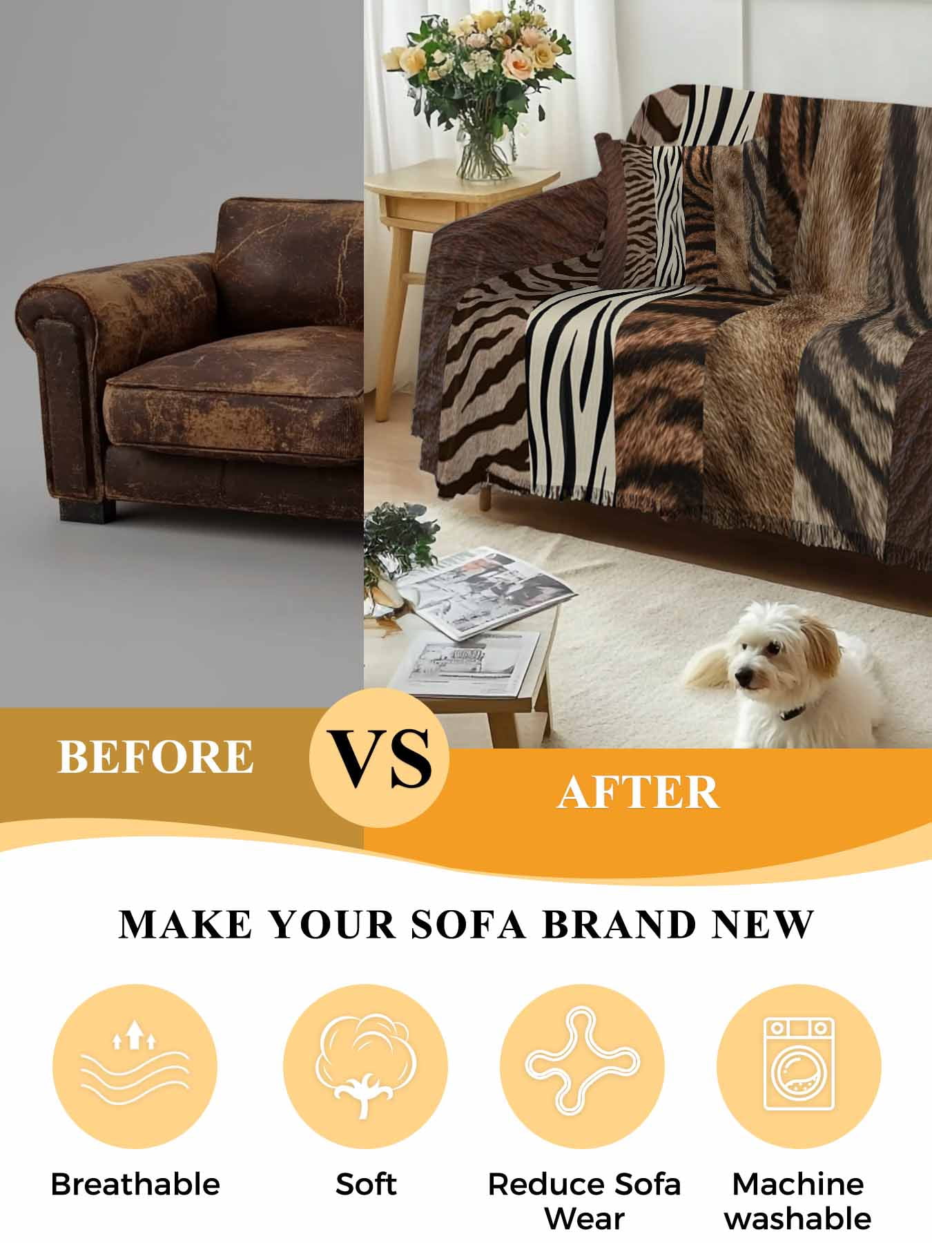 Animals Printed Striped Couch Cover, Rustic Country Zebra Textured Oversized Sofa Cover Blanket for 3 Cushion Couch, Sectional Sofa Slipcover Furniture Protector for Living Room Bedroom 71''x150''