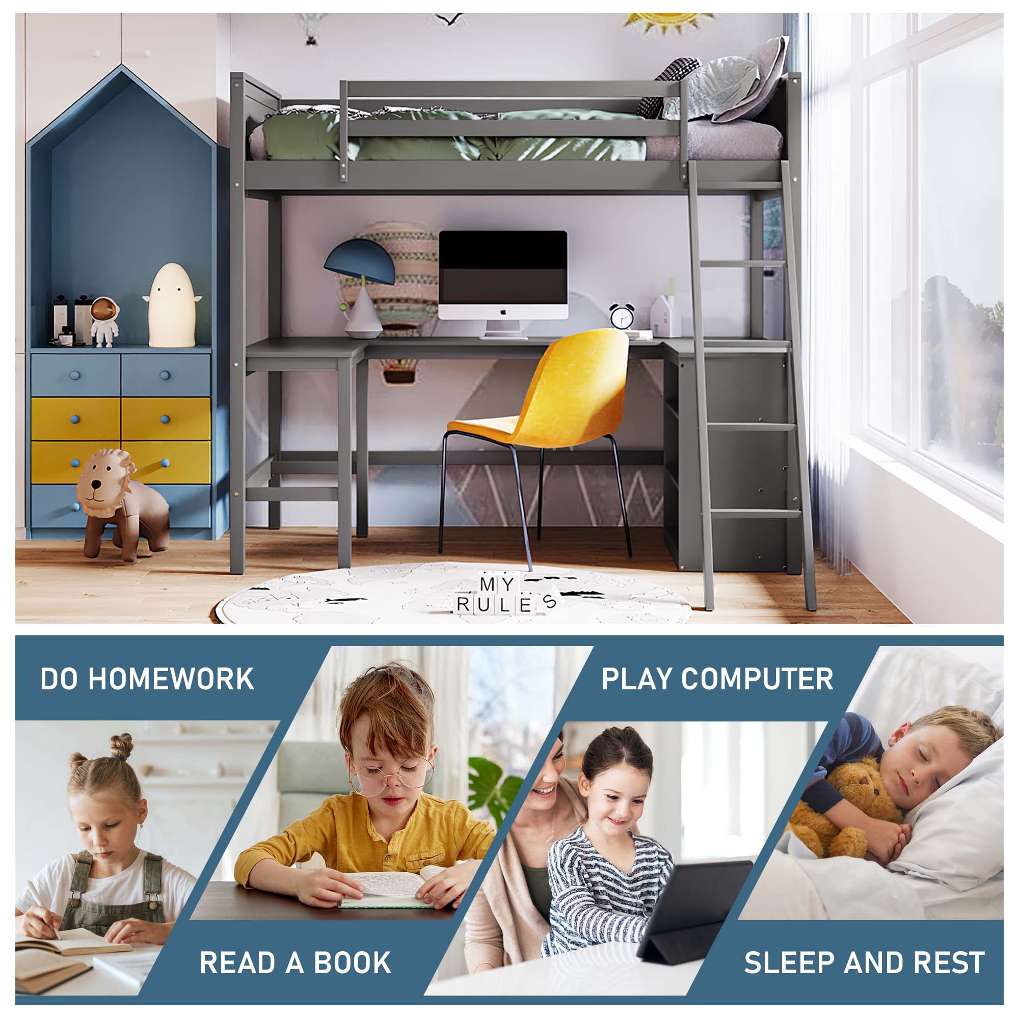 Aukfa Full Size Loft Bed with Desk and Shelves, Solid Wood Platform Loft Bed for Kids Teens Dorm - Gray