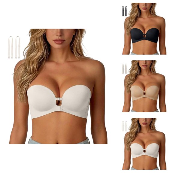 Strapless Bras for Women Front Closure Seamless Side Support Anti Sagging Push Up Bra with Detachable Strap