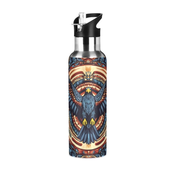 Yayeee 20oz Insulated Water Bottle Double Wall Stainless Steel with Flip Straw Lid, Blue Geometric Eagle