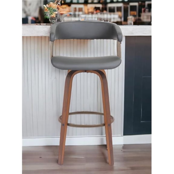 HomeRoots 534470 31 in. Gray & Wood Brown Faux Leather Swivel Bar Height Bar Chair