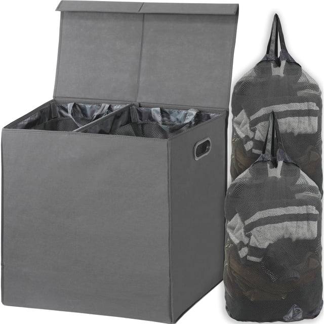 Cesta de ropa sencilla para el hogar doble con tapa, gris oscuro